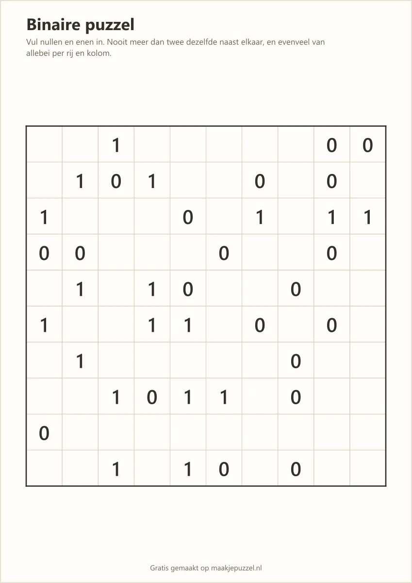 Binaire puzzel van 10 bij 10 vakjes met een aantal voorgedrukte nullen en enen, de rest leeg.