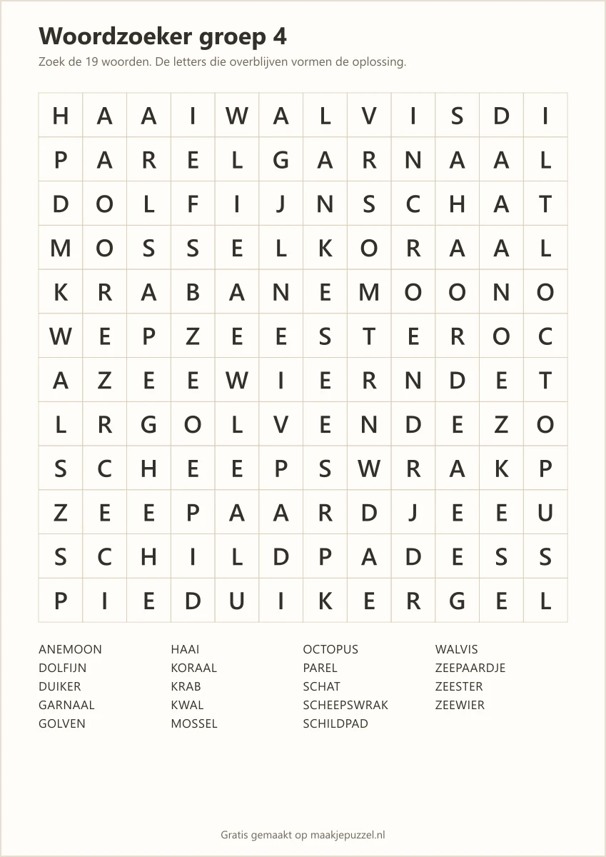 Voorbeeld van het printbare werkblad: woordzoeker groep 4 van 12×12 met de woordenlijst eronder