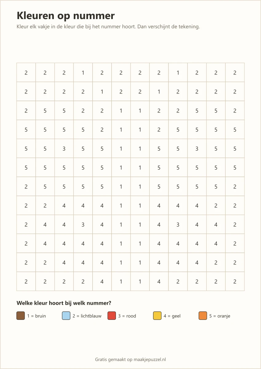 Werkblad kleuren op nummer: een rooster met in elk vakje een kleurnummer, en daaronder een kleurcode die elk nummer aan een kleur koppelt.