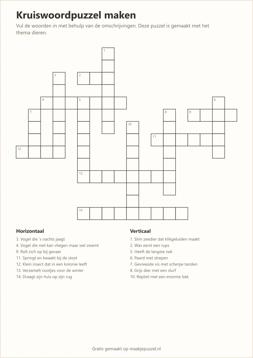 Zelfgemaakte kruiswoordpuzzel: een rooster met genummerde vakjes en daaronder de omschrijvingen voor horizontaal en verticaal.