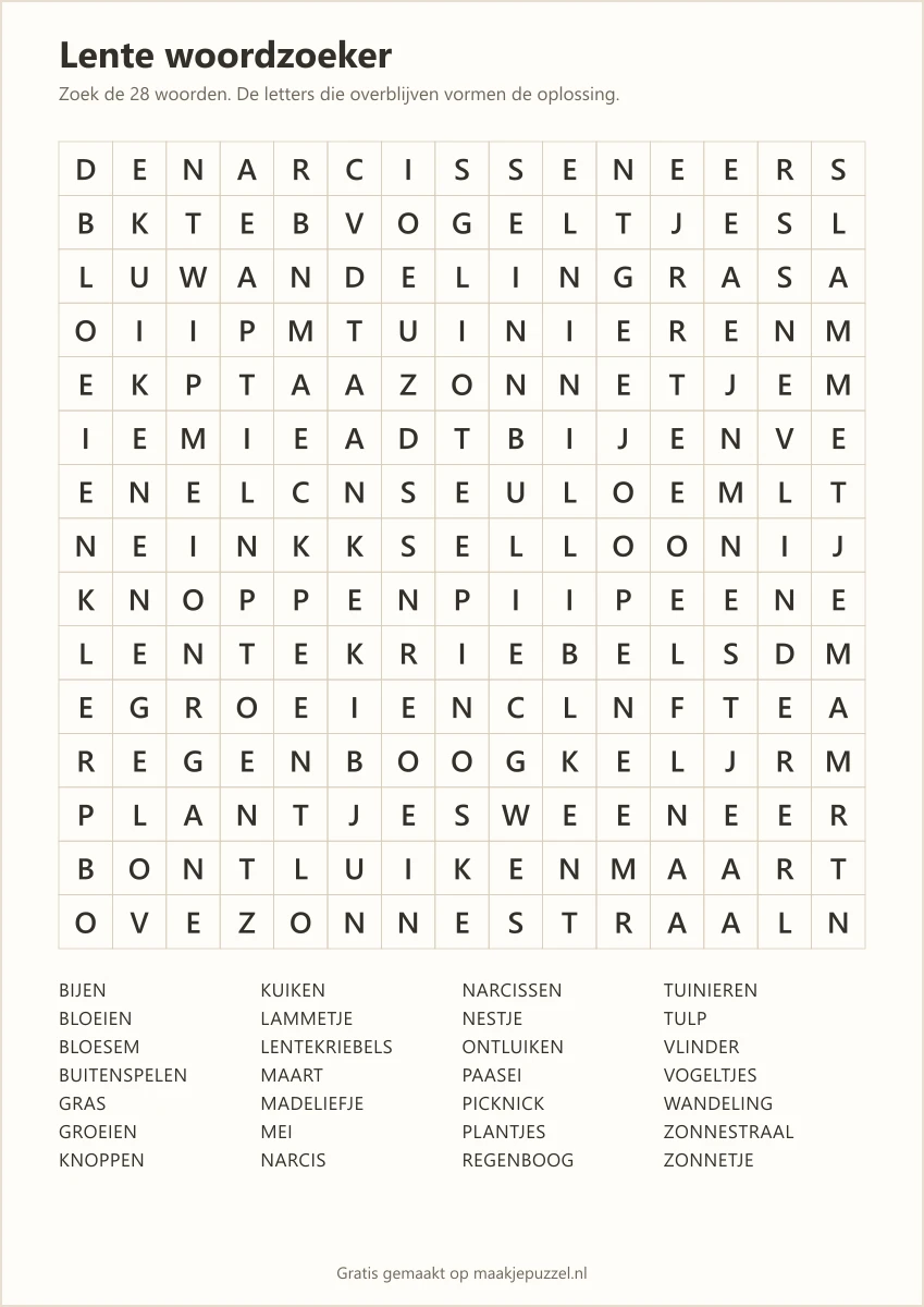 Voorbeeld van het printbare werkblad: lente woordzoeker van 15×15 met de woordenlijst eronder