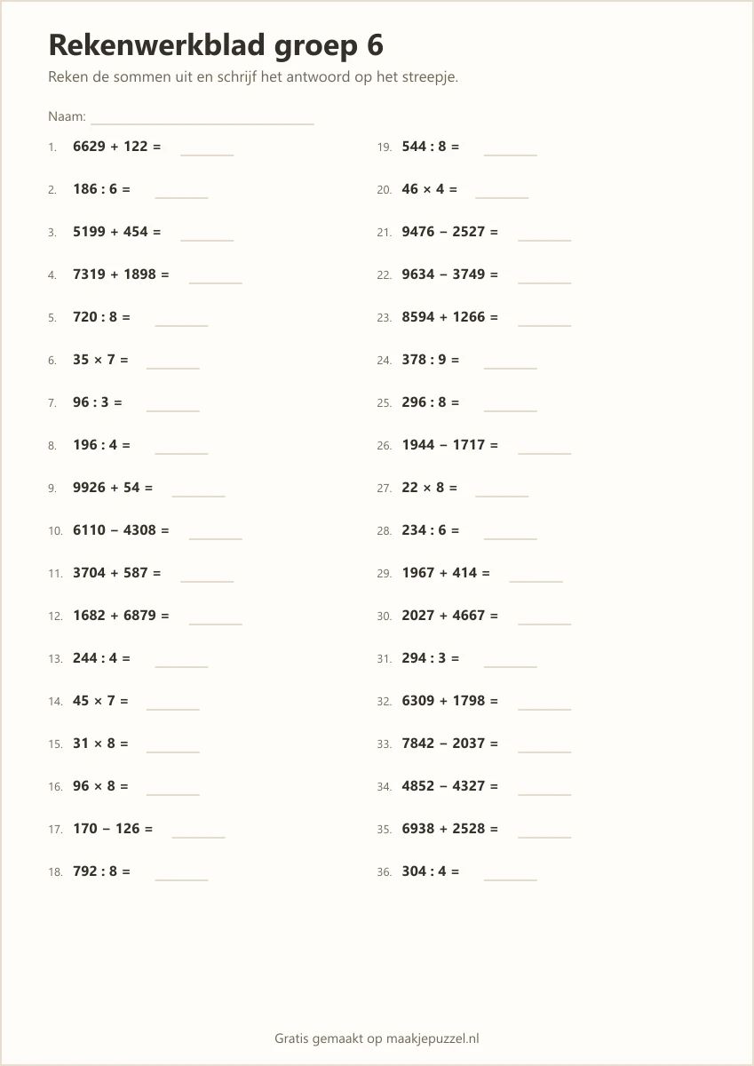 Printbaar rekenwerkblad groep 6 met genummerde sommen en een streepje voor het antwoord