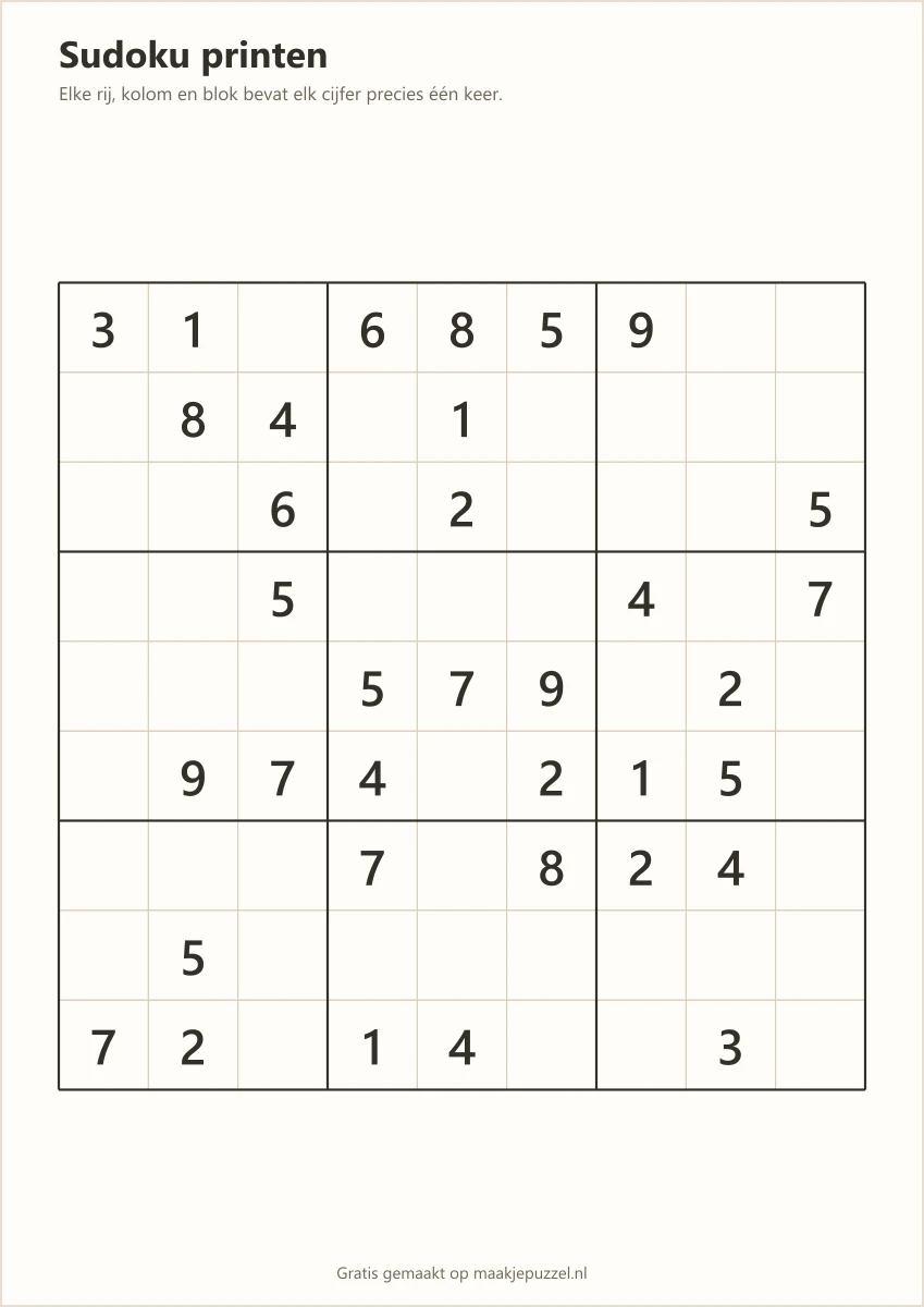 Printbaar sudokublad van 9×9, niveau gemiddeld. Leeg om zelf in te vullen